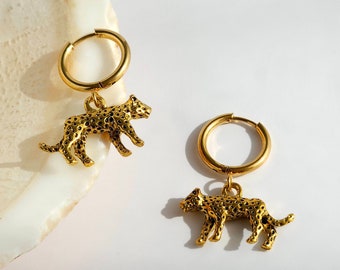 Orecchini Pendenti Con Testa Di Leopardo E Zirconi, Stile Animalier, Colore Oro, Lega Metallica