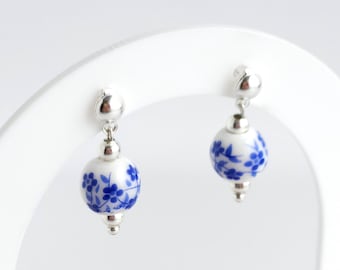 Porcelain Earrings, Ceramic Bead Earrings, Blue China Earrings, Blue White Flower Earrings, Silver Plated, Stud Earrings, Handmade Jewellery