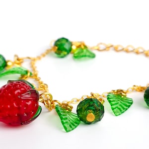 Strawberry Bracelet, Flower Bracelet, Murano Glass, Cute Fruit Jewelry, Cottagecore Bracelet, Fruit Bracelet, Plant Lover Gift Gift for Her