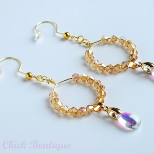 Teardrop Hoop Earrings, Waterdrop Earrings, Rain Drop Earrings, Crystal Earrings, 14k Gold Plated, Wire Wrapped Earrings, Gift for Her