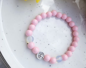 Handmade Beaded Bracelet, Tree of Life Stretch Bracelet, Pink Beaded Bracelet, Charm Bracelet Friendship Bracelet Gift for Her Birthday Gift