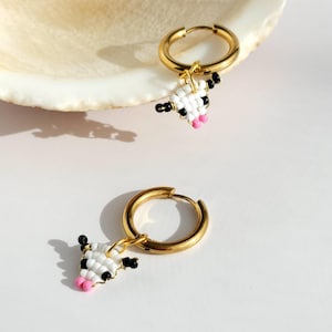Cow Earrings, Hoop Earrings, Beaded Cow Earrings, 14k Gold Plated, Cute Cow Charm, Farm Animal Earrings, Handmade Jewellery, Gift for Her