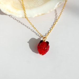 Strawberry Necklace, Glass Strawberry Necklace, Fruit Glass Charm, Minimalist Jewellery, 14k Gold Plated, Handmade Jewellery, Gift for Her