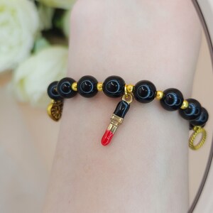 Handmade Beaded Bracelet, Charm Bracelet, Make-Up Charm Bracelet, Lipstick Charm Beaded Bracelet, Handmade Jewellery Friendship Gift for Her