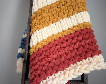 Handgemaakte grof gebreide chenilledeken: regenboogkleurige plaid, extra grote deken