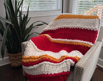 Handmade Chunky Knit Chenille Blanket: Gameday Football Throw, Oversized Blanket