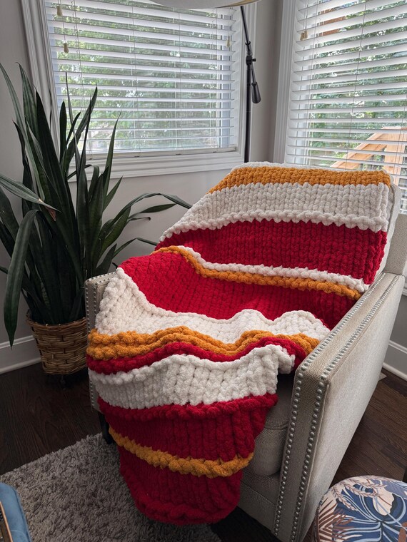 Handmade Chunky Knit Chenille Blanket: Gameday Football Throw, Oversized Blanket