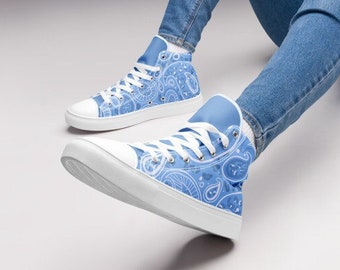 Womens High Tops, Casual Canvas Shoes, Fashionable Clothing For Girls, Cute Footwear, Blue Paisley, Available Sizes 5 6 7 8 9 10 11 12