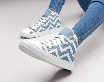 Sneakers, High Tops, Womens Shoes, Winter Shoe For Women, Gifts For Her, Unique Trendy Footwear, Blue Zig Zag Design, Sizes 5 to 12