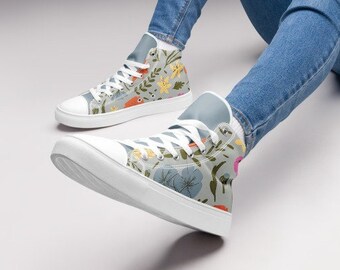 Womens High Tops, Casual Canvas Shoes, Fashionable Clothing For Girls, Cute Footwear, Pretty Flowers Design, Sizes 5 6 7 8 9 10 11 12