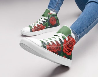 Womens High Tops, Casual Canvas Shoes, Fashionable Clothing For Girls, Cute Footwear, Red Roses Print, Available Sizes 5 6 7 8 9 10 11 12