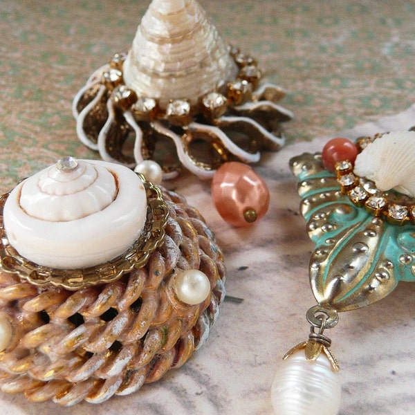3 Shabby Shell Magnets- handmade collaged vintage jewelry
