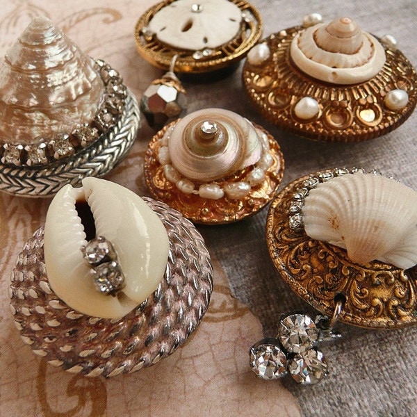 6 Rhinestone Shell Fridge Magnets- handmade collaged vintage jewelry