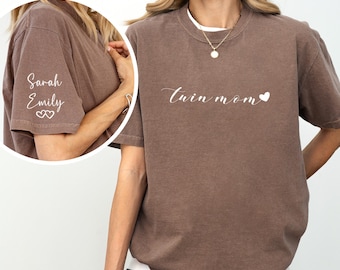 Personalized Twin Mom Shirt with Names and Year Custom Twin Mama Tshirt Mother of Twins Gift Twin Baby Shower Twin Mom Comfort Colors Shirt