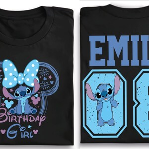 A black t-shirt with a design featuring a character from the Disney movie Lilo and Stitch, along with the text "Birthday Girl" and the number "88".