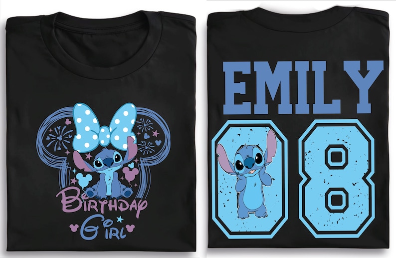 A black t-shirt with a design featuring a character from the Disney movie Lilo and Stitch, along with the text "Birthday Girl" and the number "88".