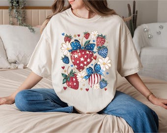 Comfort Color Strawberry Fourth of July Shirt, Patriotic Graphic Tee, USA Independence Day Shirt, Freedom Equality Shirt, American Flag