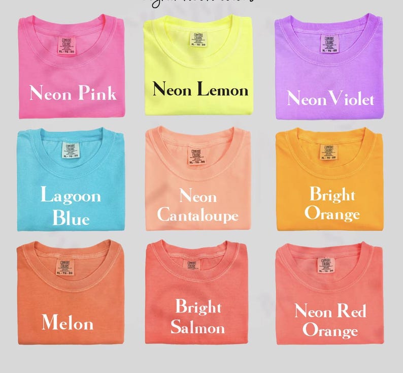 a collection of nine colorful t-shirts, each with a different color and design, arranged in a 3x3 grid.