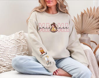 Sudadera Disney Princess Mama, camiseta personalizada con nombres para niños, camiseta de Princesas Bella, camiseta Disney Mama, suéter para el Día de la Madre, camiseta Mom Life