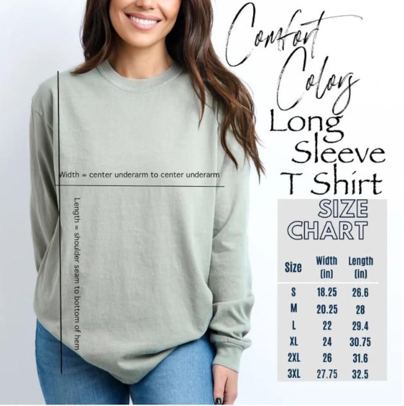 a woman wearing a long sleeve t-shirt, with a size chart provided for the shirt.