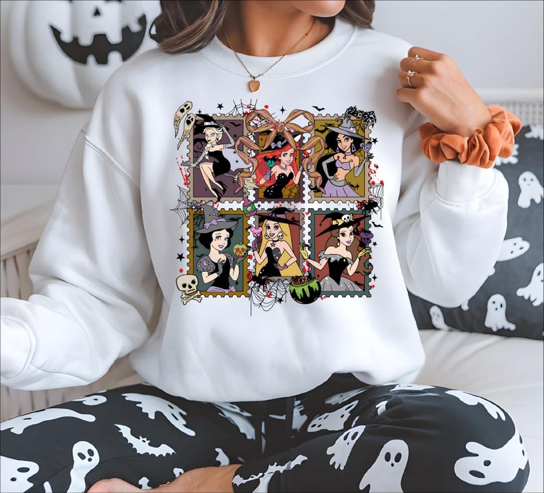 Princess Witches Halloween Shirt, Coquette Halloween Bow T-shirt, Snow White Ariel Jasmine Spooky Sweatshirt, Disneyland Pumpkin Season Tee