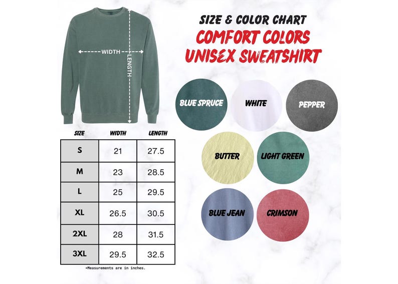 The image is a size and color chart for a unisex sweatshirt, showing the different sizes and colors available in the design.