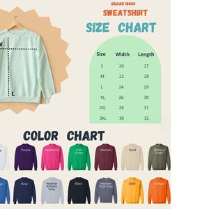 The image is a collage of various sweatshirt designs and color charts, including a size chart and a color chart. The sweatshirt designs are displayed in different colors, and the size chart provides measurements for each design.