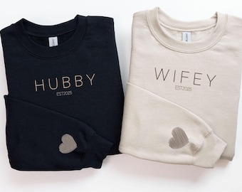 Personalized Wifey & Hubby Sweatshirt, Newlywed Honeymoon Outfit, Custom Couple Hoodie, Engagement Shirt, Wedding Party Gift, Bride Gift