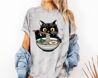 Ramen Cat T-Shirt, Noodle Cat Shirt, Black Cat Noodle Tee, Funny Noodle T-Shirt, Cat Lover Shirt, Cute Black Cat Ramen Shirt for Kids