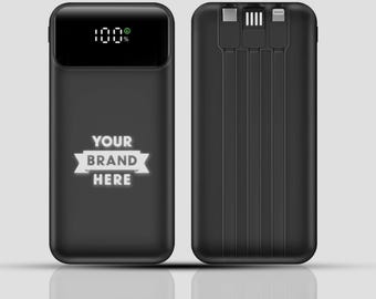 May include: A black portable power bank featuring a digital display showing 100% battery life and the text YOUR BRAND HERE on the front. The reverse side shows three integrated charging cables with different connector types.