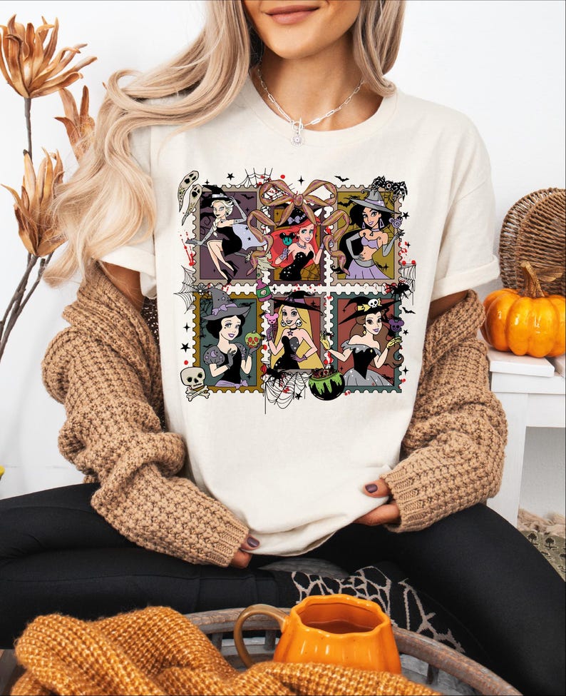 Princess Witches Halloween Shirt, Coquette Halloween Bow T-shirt, Snow White Ariel Jasmine Spooky Sweatshirt, Disneyland Pumpkin Season Tee