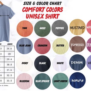 The image is a size and color chart for a unisex t-shirt, showing various color options and corresponding measurements.