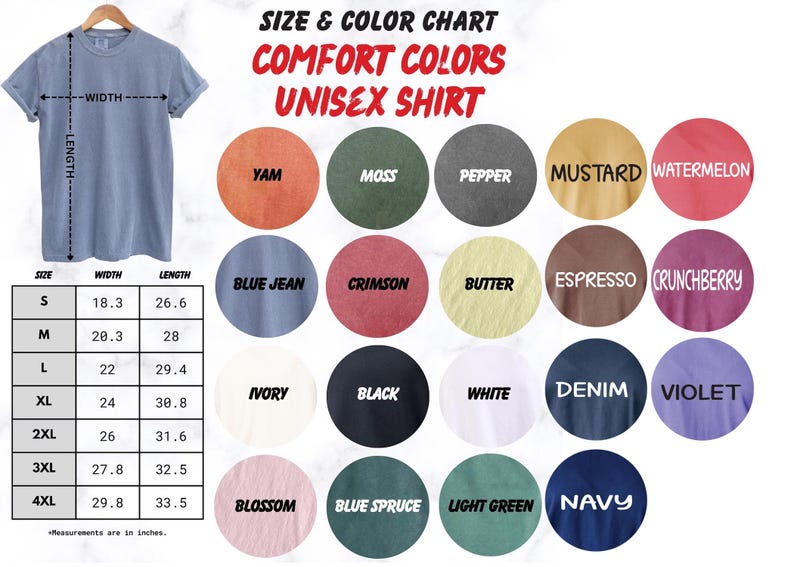 The image is a size and color chart for a unisex t-shirt, showing various color options and corresponding measurements.