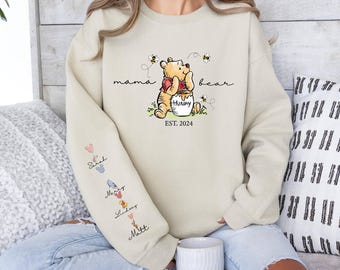 Custom Mothers Day Sweatshirt with Names, Winnie the Pooh Mothers Days Gift, Custom Mama Bear Shirt, Gift For Mother's Day