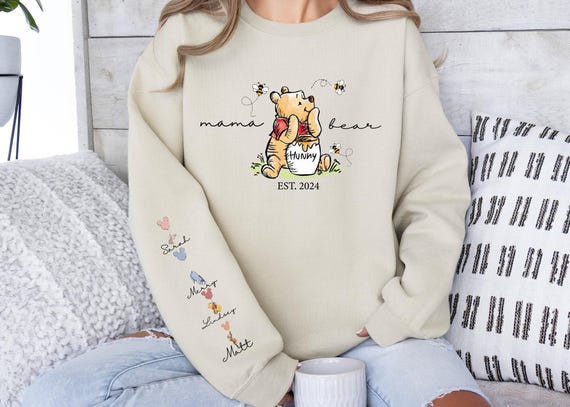 Custom Mothers Day Sweatshirt with Names, Winnie the Pooh Mothers Days Gift, Custom Mama Bear Shirt, Gift For Mother's Day