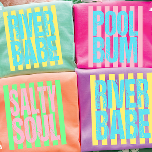 four colorful t-shirts with text printed on them, arranged in a square formation.