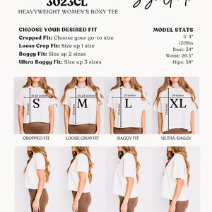 The image is a size guide for a heavyweight women's boxy t-shirt, showing different fit sizes for cropped, loose, baggy, and ultra-baggy styles.