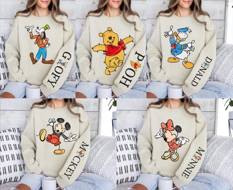 The image is a collage of five images featuring people wearing sweatshirts with Disney character designs.