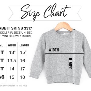 a gray crew neck sweatshirt with size and measurement charts for different age groups, including a rabbit skin crew neck sweatshirt.