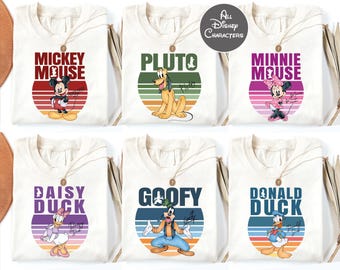 Disney Character Shirts, Mickey Minnie Goofy Donald Daisy Pluto Tees, Vintage Retro Style Disney Family Matching Outfits, Disneyland Trip
