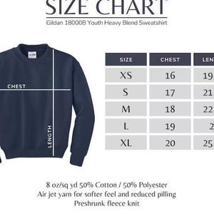 the size chart for a sweatshirt