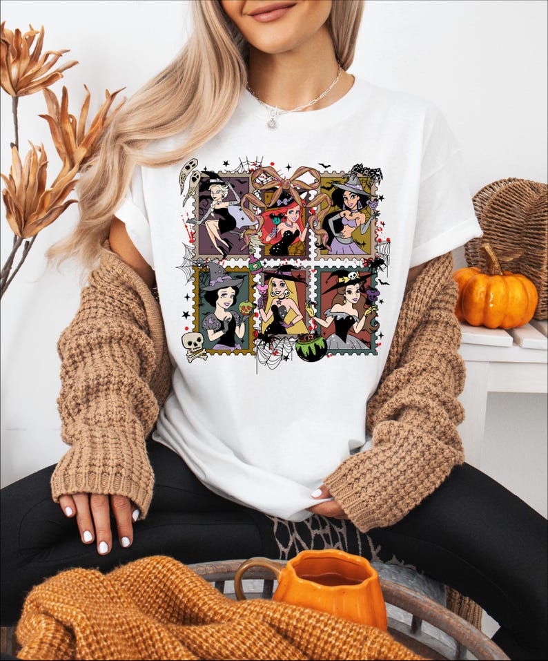 Princess Witches Halloween Shirt, Coquette Halloween Bow T-shirt, Snow White Ariel Jasmine Spooky Sweatshirt, Disneyland Pumpkin Season Tee
