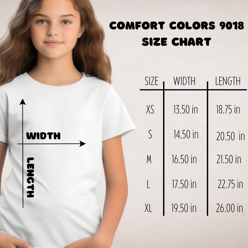 a young girl wearing a white t-shirt with a size chart and measurements for different shirt sizes.