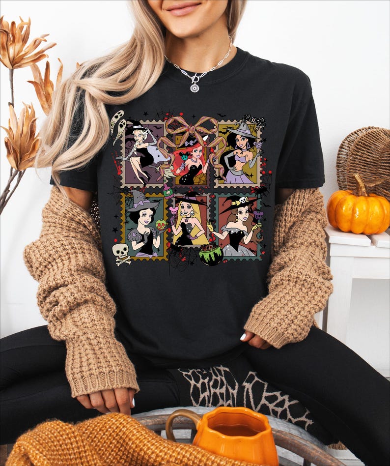 Princess Witches Halloween Shirt, Coquette Halloween Bow T-shirt, Snow White Ariel Jasmine Spooky Sweatshirt, Disneyland Pumpkin Season Tee