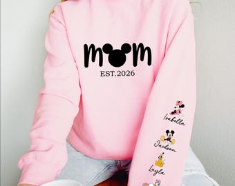 Comfort Colors®  Personalized Disney Mickey and Friends Mama Sweatshirt, Disney Custom Mom,With Kids Name On Sleeve, Mother's Day Gift