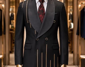 Custom Black Double Breasted Groom Tuxedo, Luxury Shawl Lapel Men’s Wedding Suit, Modern Formal Prom Dinner Jacket Set