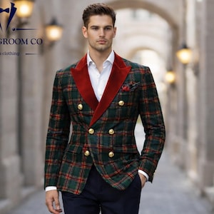 Abito da uomo doppiopetto a quadri verdi su misura, blazer rosso in velluto con revers a punta, smoking slim fit in stile italiano, abito di lusso per feste e matrimoni.