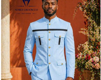 Traje de novio azul cielo a medida con cuello mandarín, traje de boda ajustado de un solo botón para hombre, conjunto formal de 2 piezas con cuello alto estilo militar.