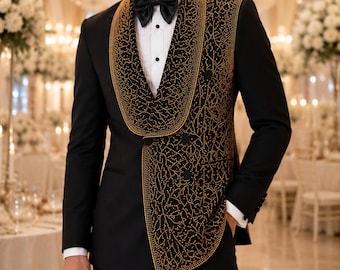 Custom Luxury Black Gold Beaded Men’s Wedding Tuxedo, Slim Fit Groom Suit, Designer Prom Blazer Formal Party Outfit