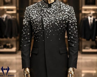 Aangepaste zwarte kristallen bruidegompak, luxe kraag smoking, strass bruiloft blazer voor mannen, modern formeel feestkostuum. 2-delige blazerbroek